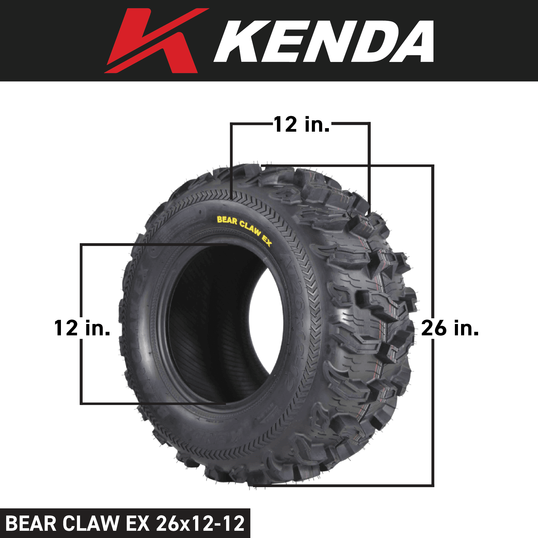 Kenda Bearclaw EX K573 - 26x12-12 Rear Tire for All Terrain (ATV), UTV, and Side by Side (SxS) Vehicles - 6-Ply - Bear Claw EX 26x12x12