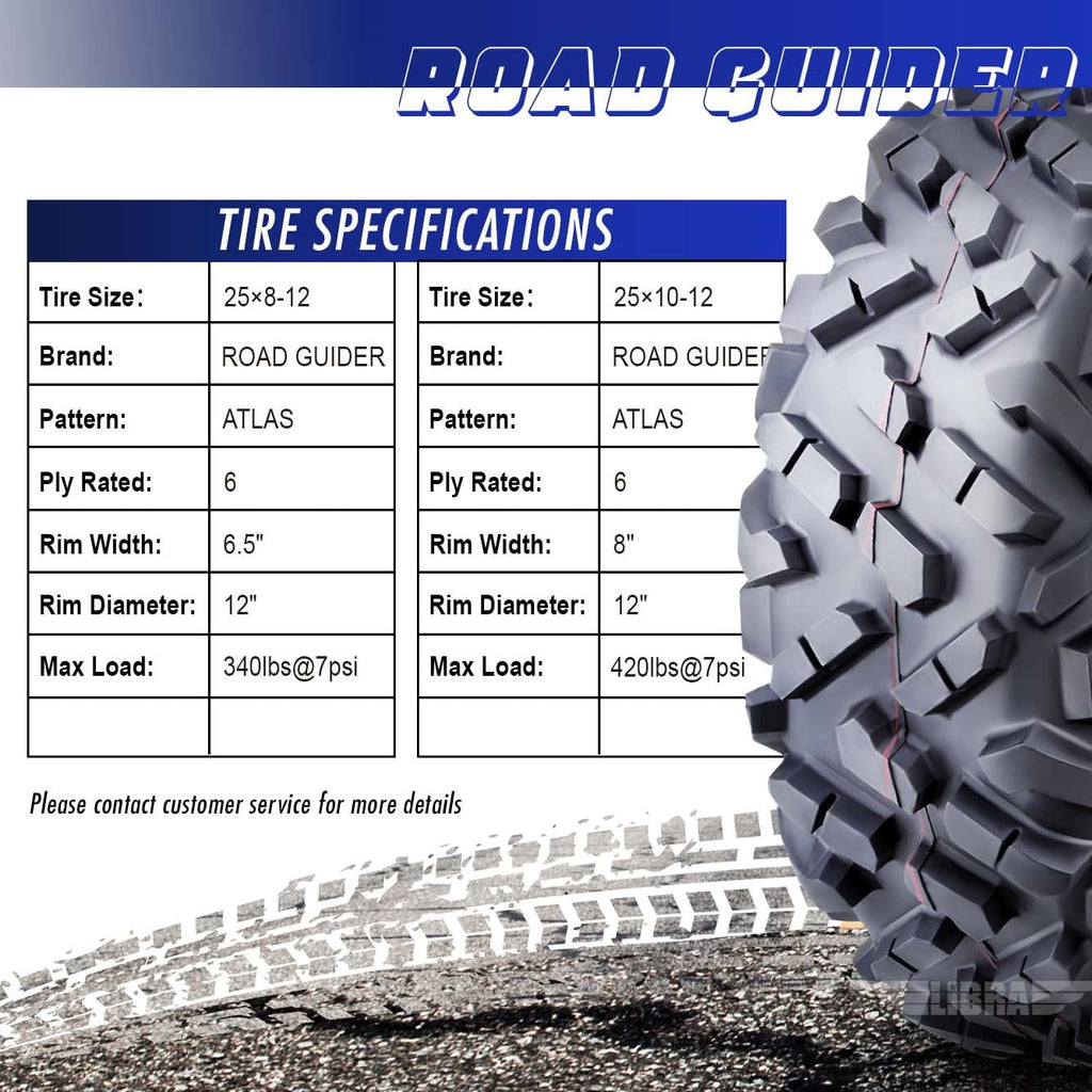 Set 4 Roadguider ATV UTV Tires 25x8-12 25x8x12 front & 25x10-12 25x10x12 Rear 6PR