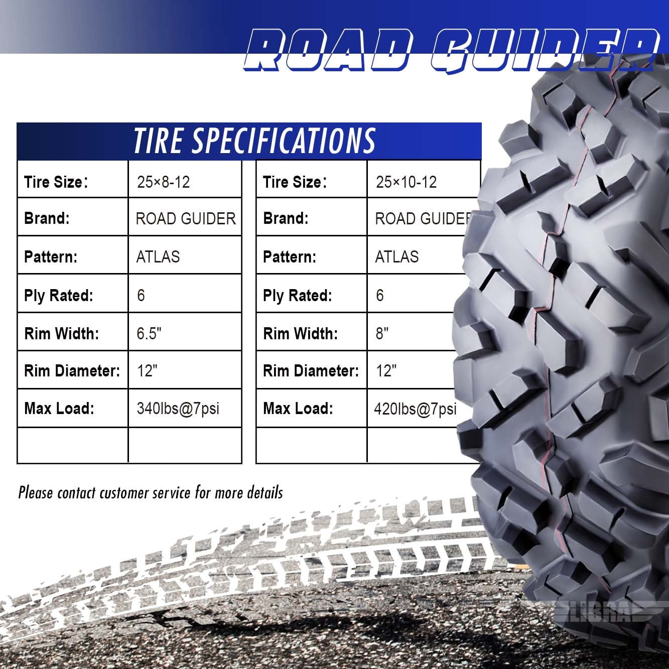 Set 4 Roadguider ATV UTV Tires 25x8-12 25x8x12 front & 25x10-12 25x10x12 Rear 6PR