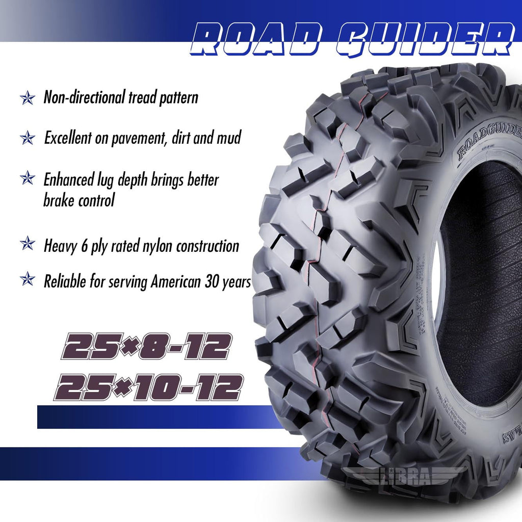 Set 4 Roadguider ATV UTV Tires 25x8-12 25x8x12 front & 25x10-12 25x10x12 Rear 6PR