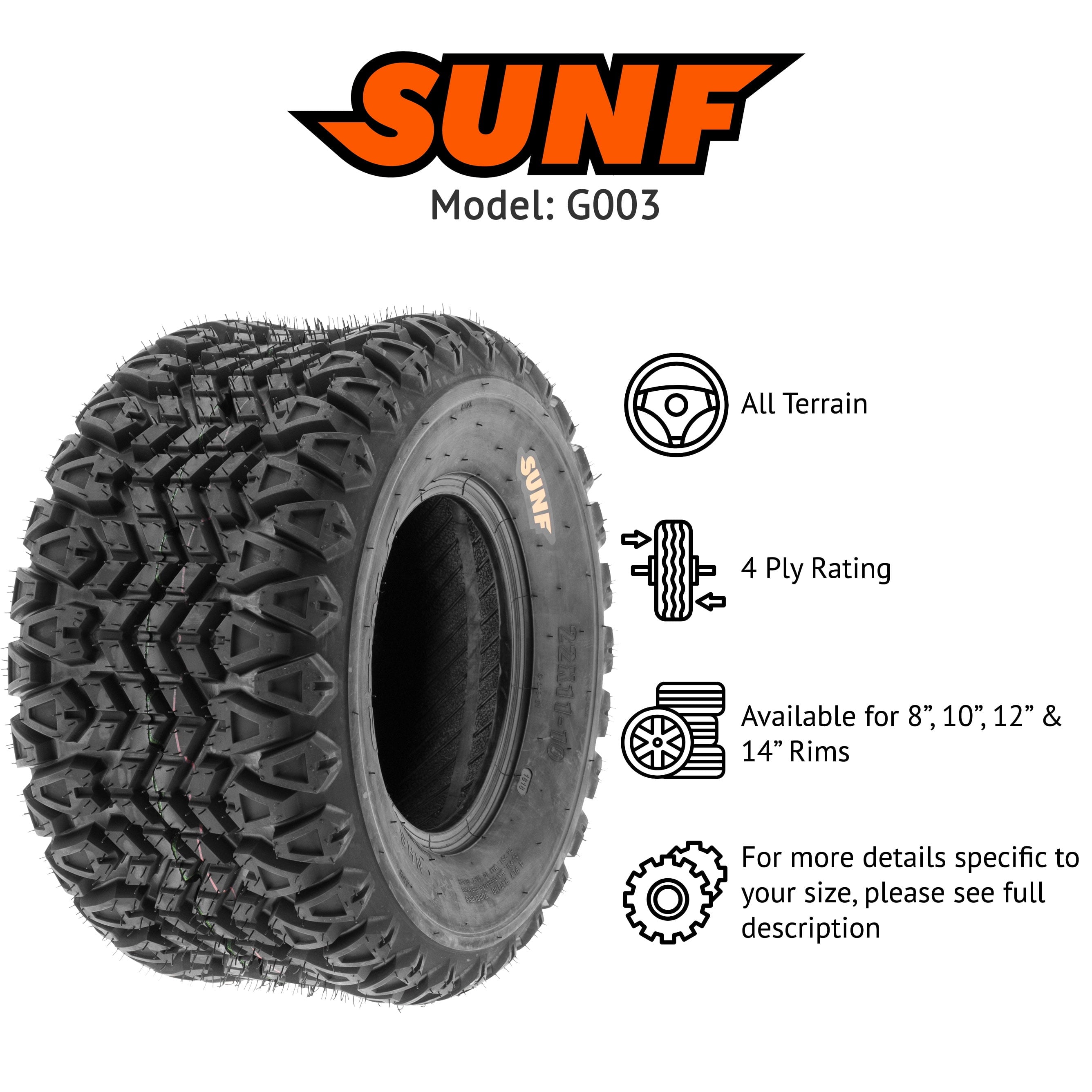 SunF Golf-Cart Lawn Mower Turf Tires 21x7-10 & 22x11-10 4 PR G003 (Complete Full Set of 4)