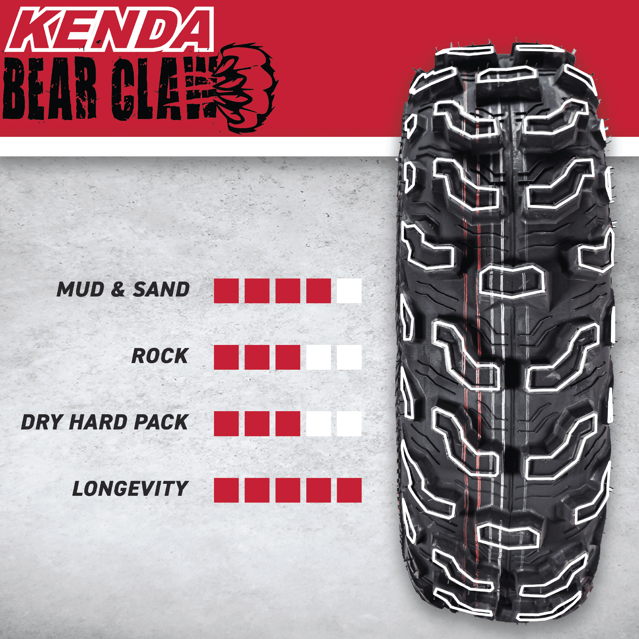 Kenda Bearclaw EX K573 - 26x12-12 Rear Tire for All Terrain (ATV), UTV, and Side by Side (SxS) Vehicles - 6-Ply - Bear Claw EX 26x12x12